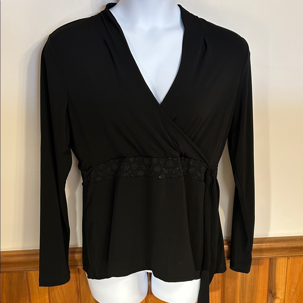 George Black Long Sleeve Mock Wrap Top with sparkles embellishment. Size 16-18